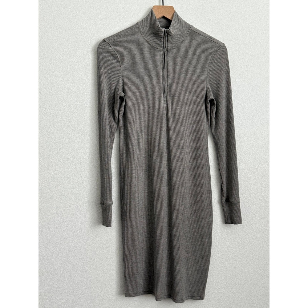 prAna Ribbed Mock Neck Quarter Zip Dress S Gray Tencel Knit Midi Quiet Luxury